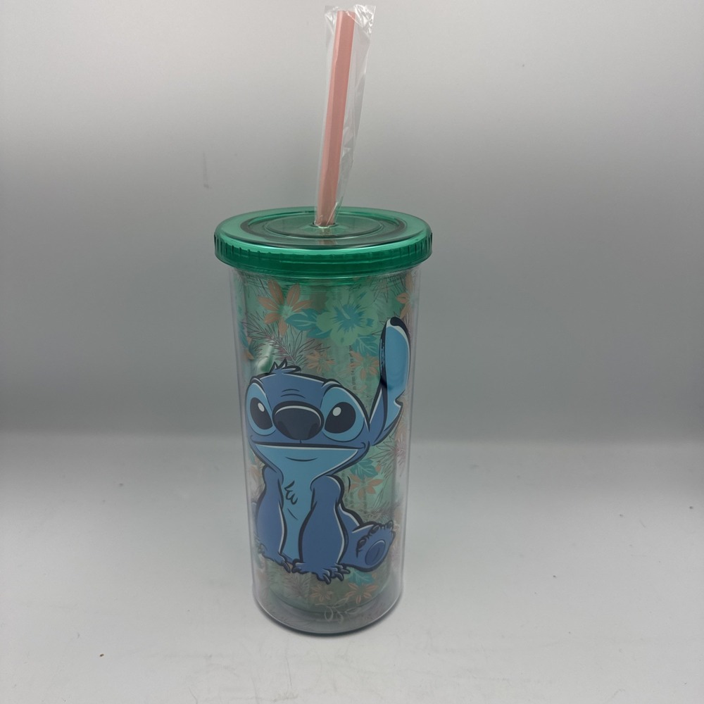 Disney Lilo & Stitch Cute Floral Plastic 20 Oz Travel Tumbler With Straw Green
